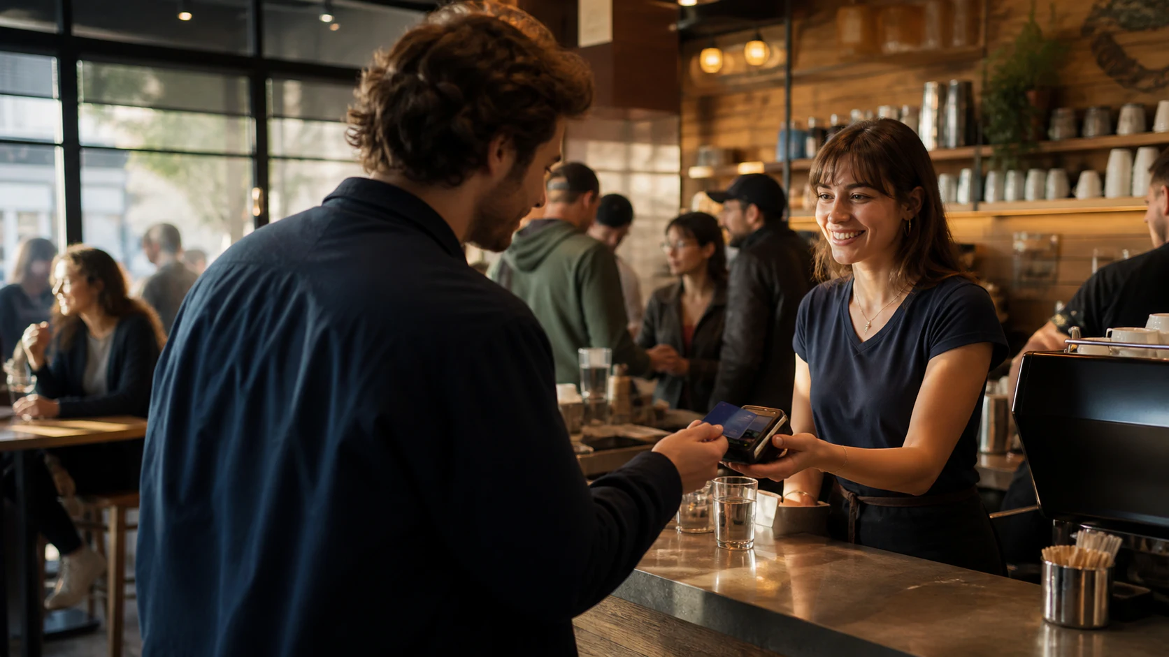 A busy merchant checkout with hands, terminal and customer in frame