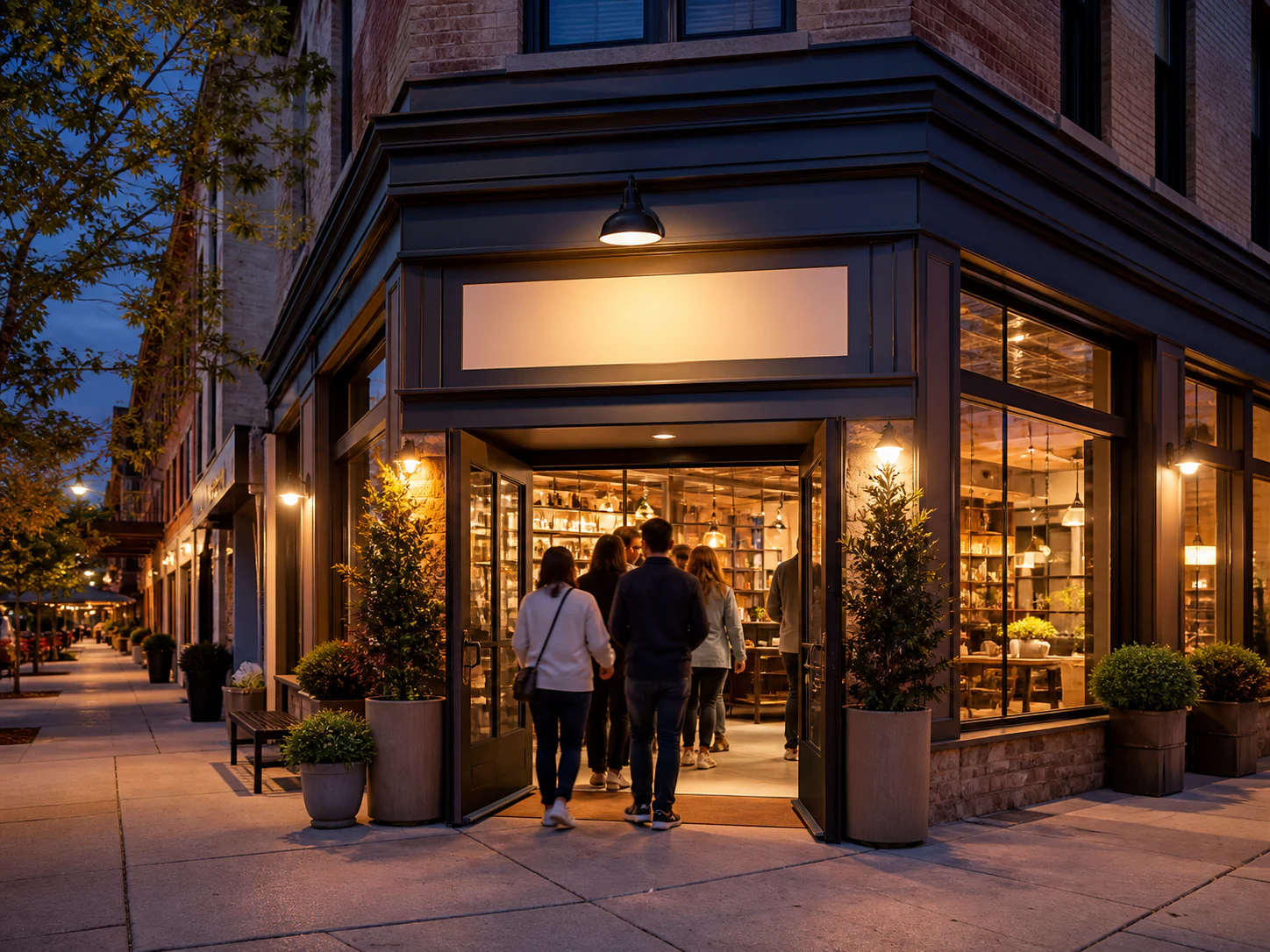 A lit corner shopfront on a street at dusk