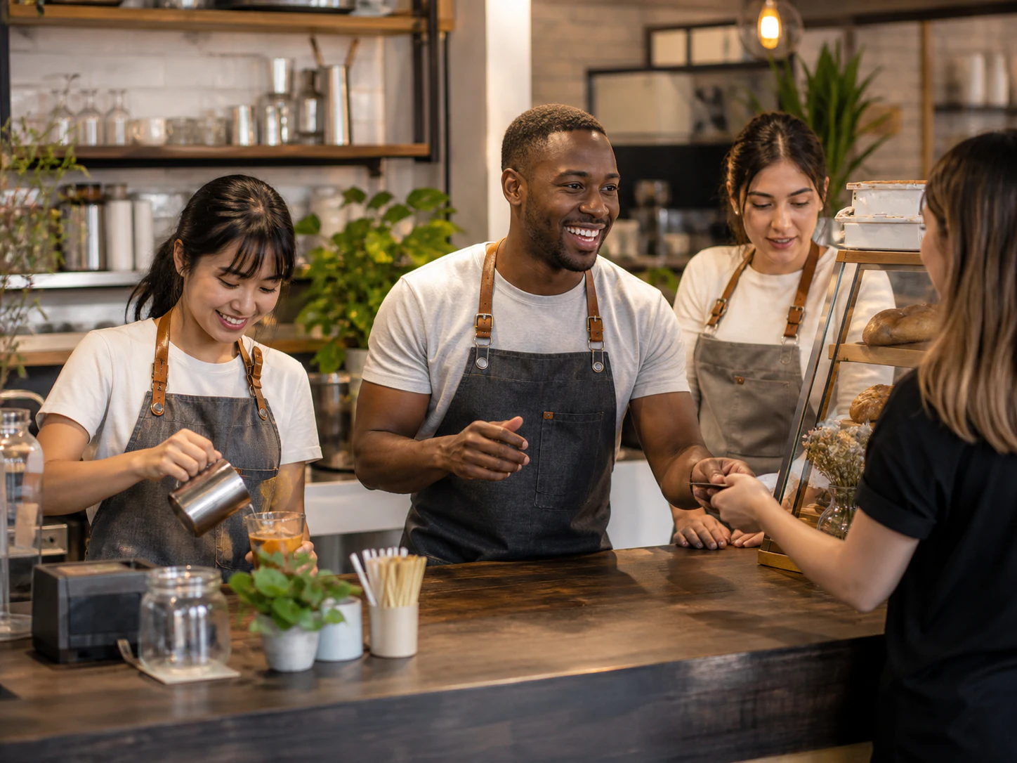 Two shop owners behind their counter at opening