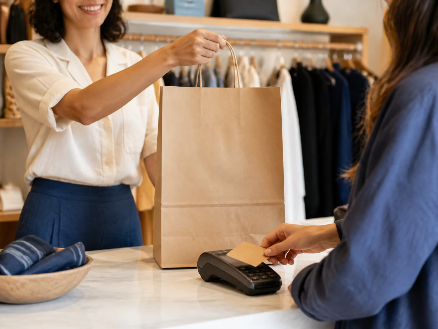 A shop assistant handing a paper bag across the counter