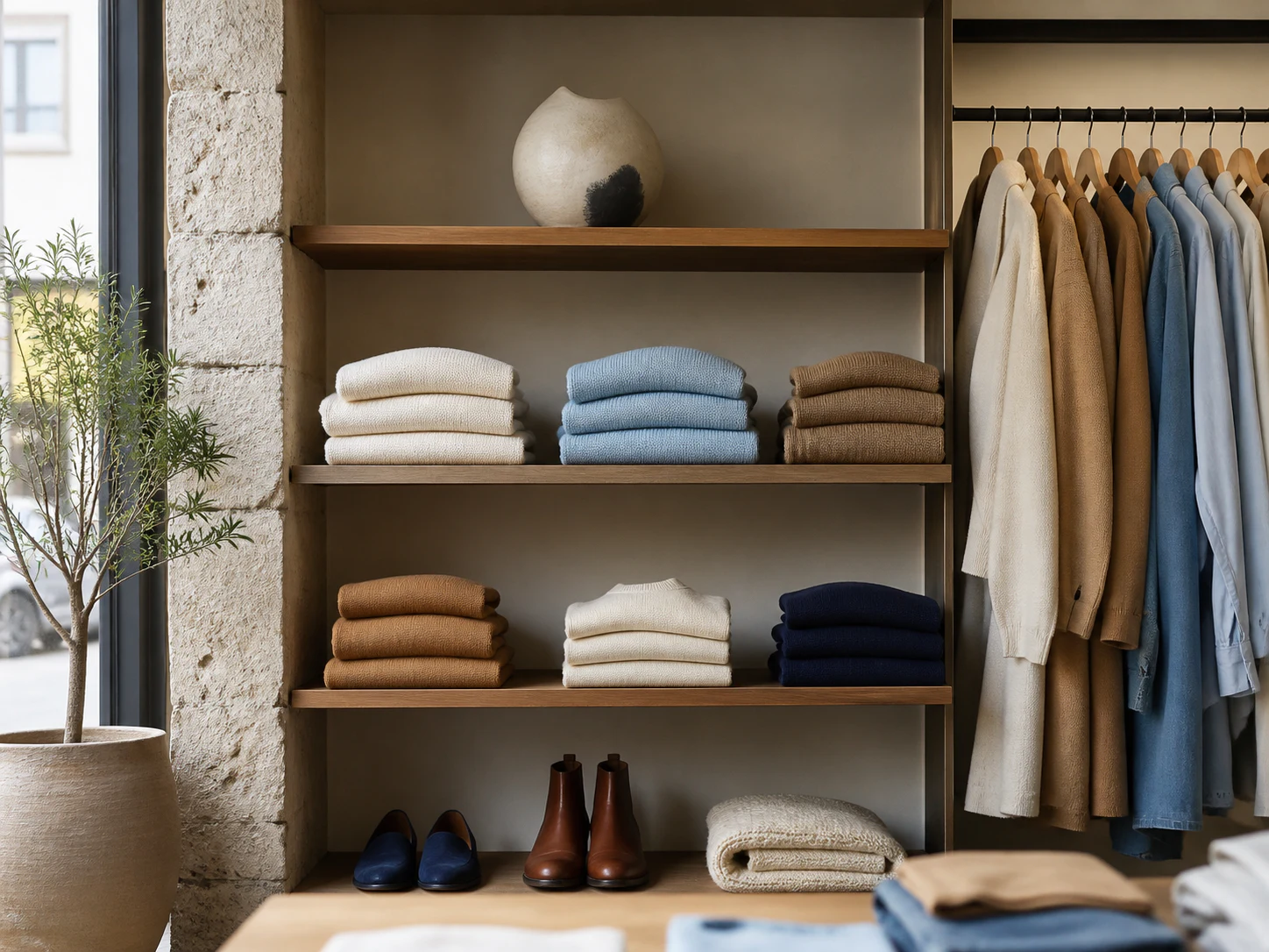 A wall of neatly folded jeans on white shelving