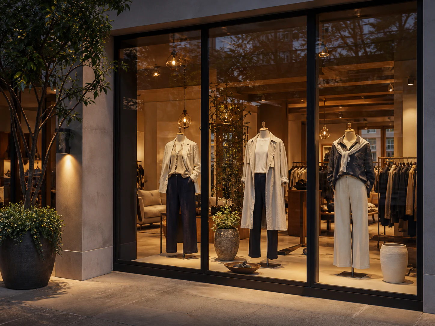 A dressed shop window seen from the sidewalk